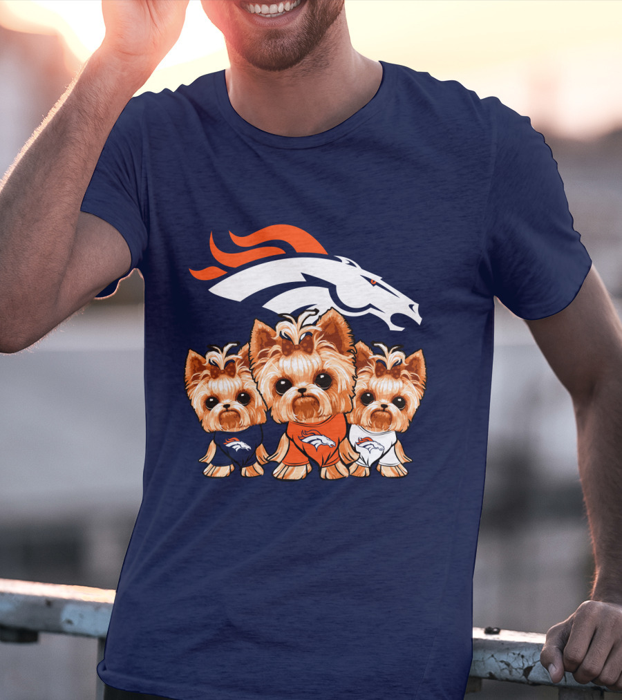 Denver Broncos Yorkies With Team Logo And Three Adorable Dogs In Jerseys T-Shirt