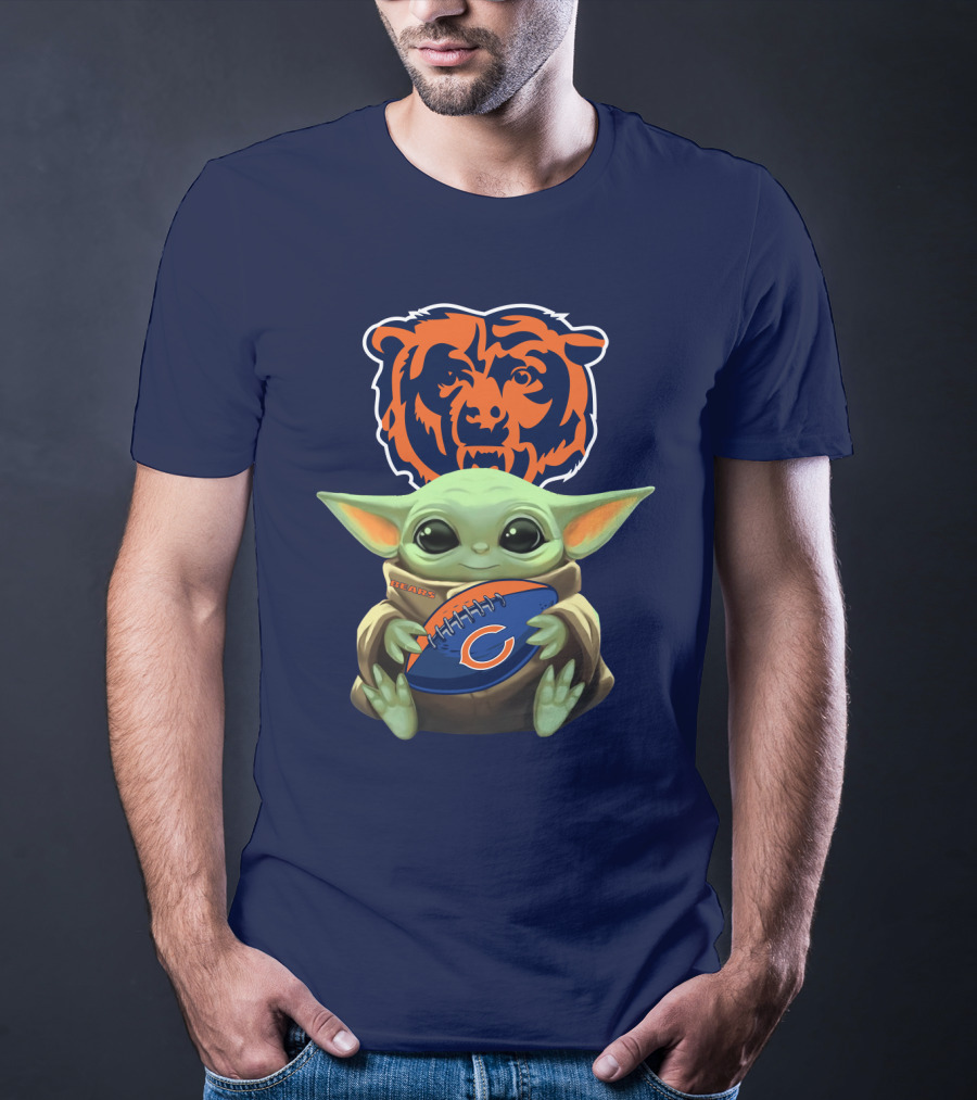 Baby Yoda Holding Chicago Bears Football With Team T-Shirt