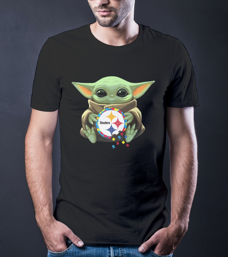 Baby Yoda Holding Steelers Autism Puzzle T-Shirt