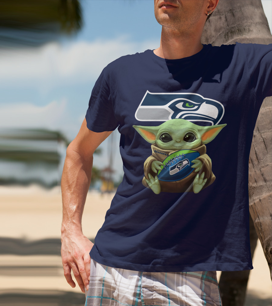 Baby Yoda Holding Seattle Seahawks Football Nfl T-Shirt