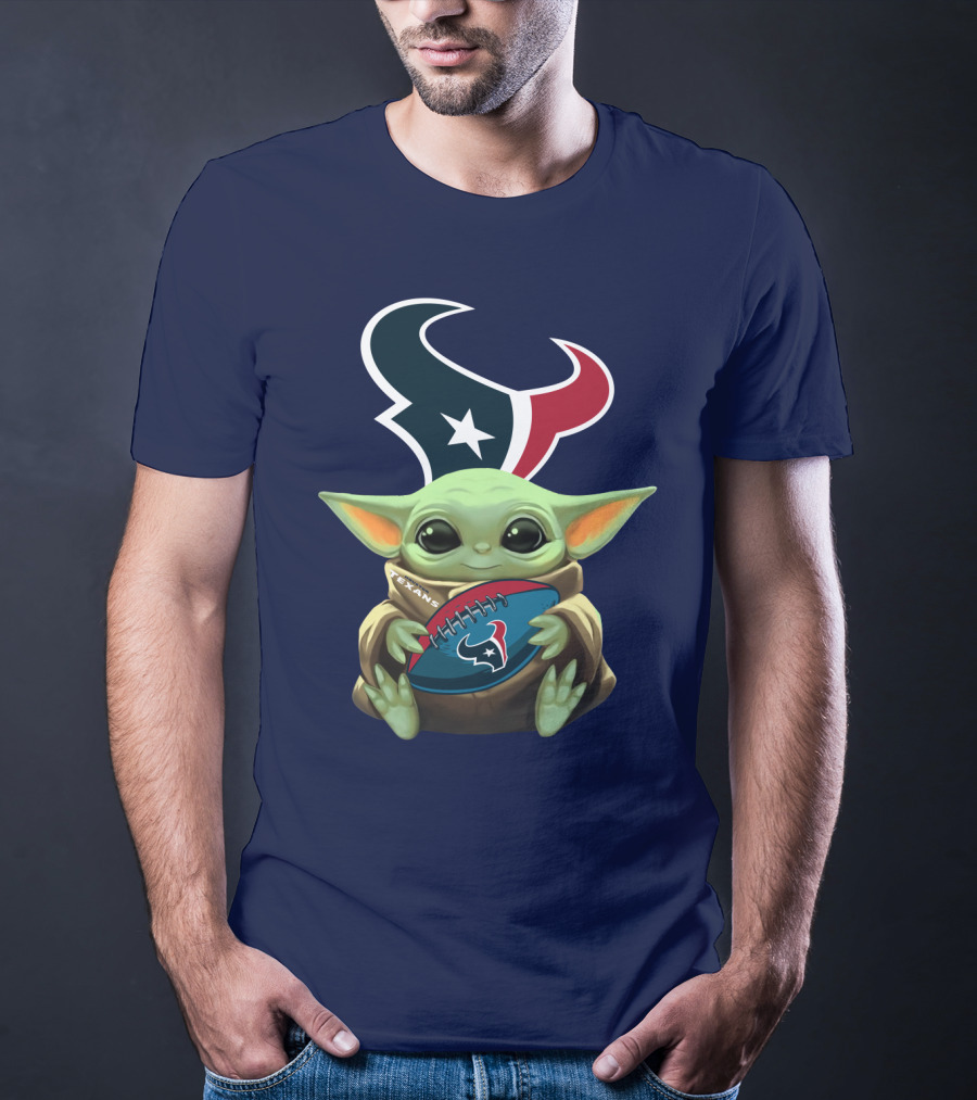 Baby Yoda Holding Houston Texans Football T-Shirt