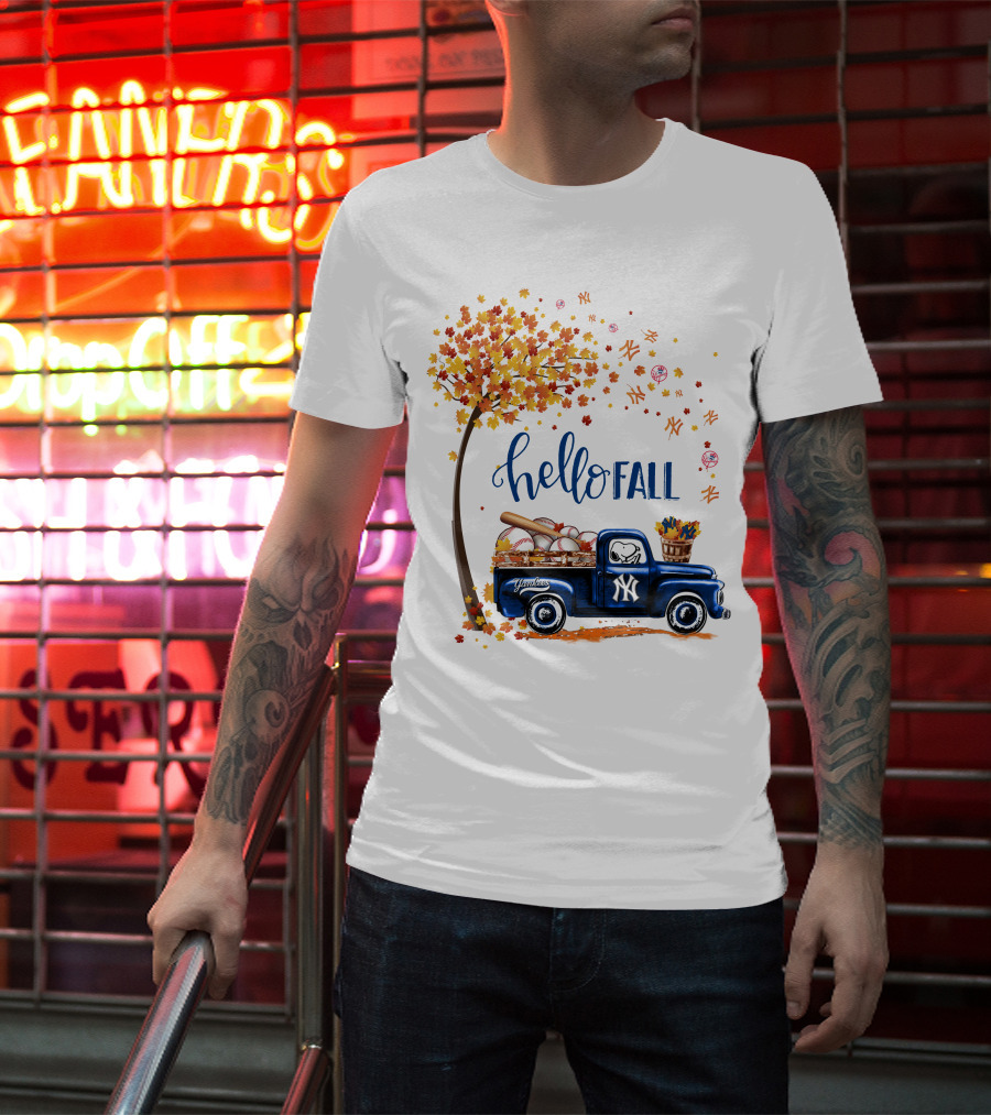 Hello Fall New York Yankees Autumn Truck Baseball Scene T-Shirt