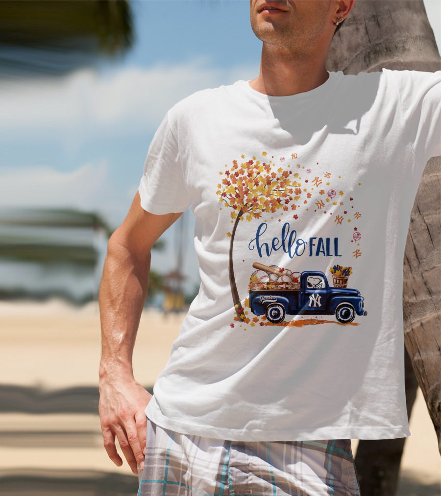 Hello Fall New York Yankees Autumn Truck Baseball Scene T-Shirt