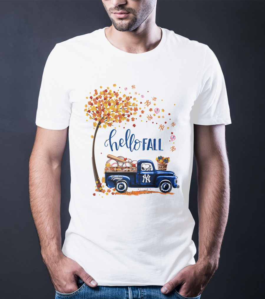 Hello Fall New York Yankees Autumn Truck Baseball Scene T-Shirt