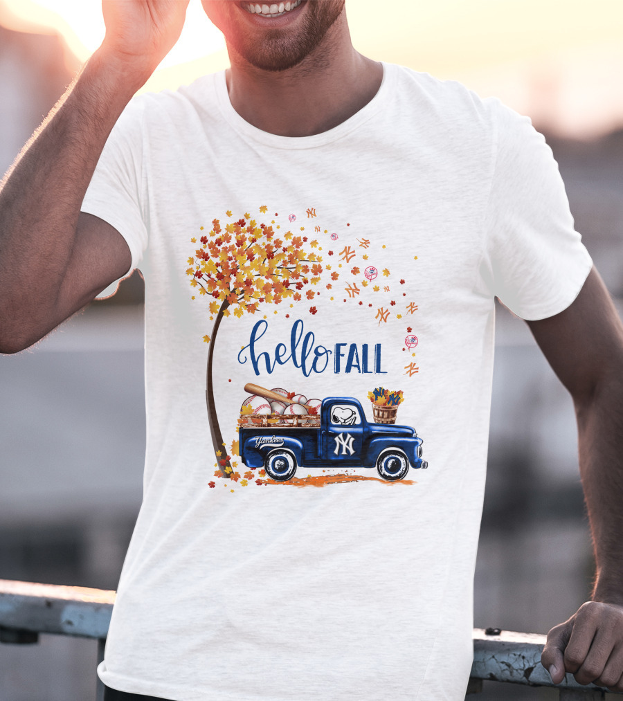 Hello Fall New York Yankees Autumn Truck Baseball Scene T-Shirt