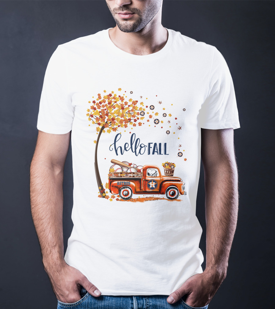 Hello Fall Astros Truck With Baseballs And Autumn Leaves T-Shirt