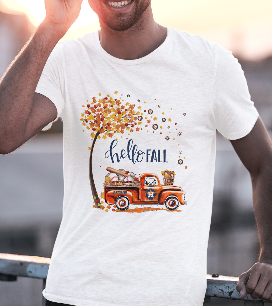 Hello Fall Astros Truck With Baseballs And Autumn Leaves T-Shirt