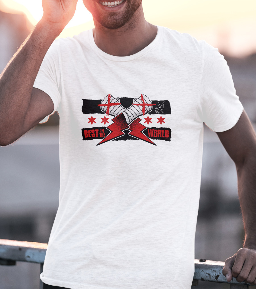 Best In The World Cm Punk Crossing Taped Hands Lightning Bolts Red Stars T-Shirt
