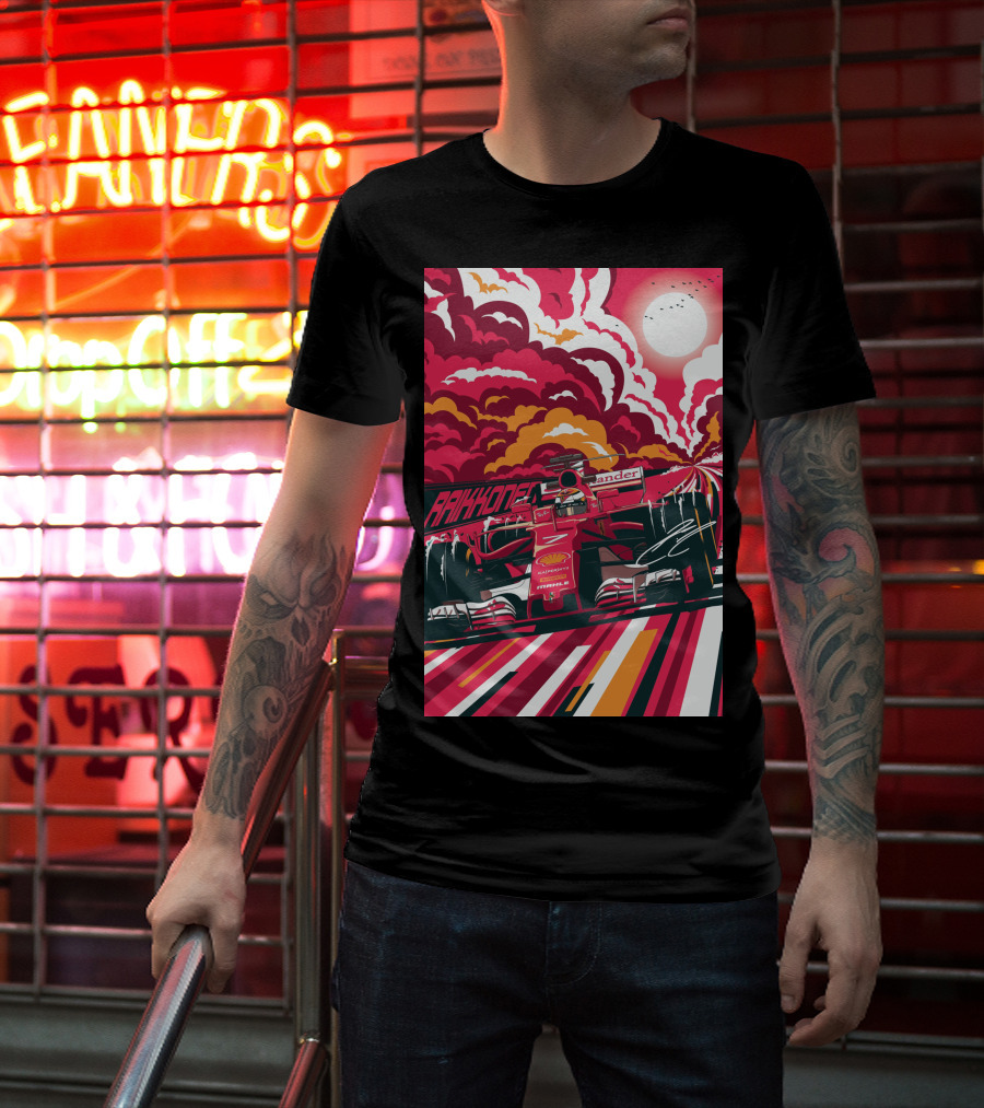 Raikkonen Formula 1 Racing Ferrari F1 Car Sunset Scene T-Shirt