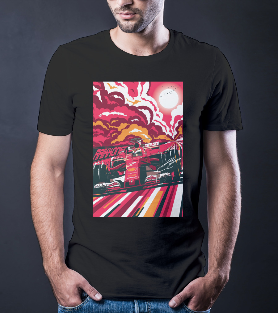 Raikkonen Formula 1 Racing Ferrari F1 Car Sunset Scene T-Shirt