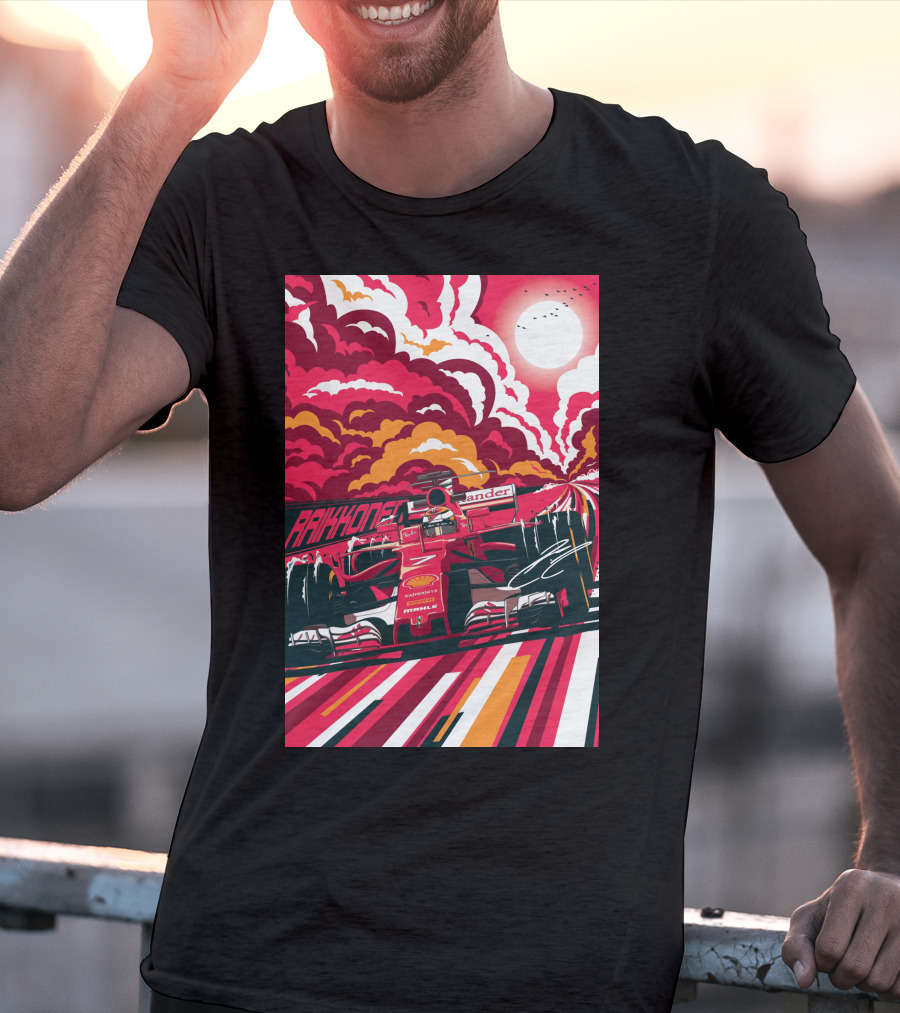 Raikkonen Formula 1 Racing Ferrari F1 Car Sunset Scene T-Shirt