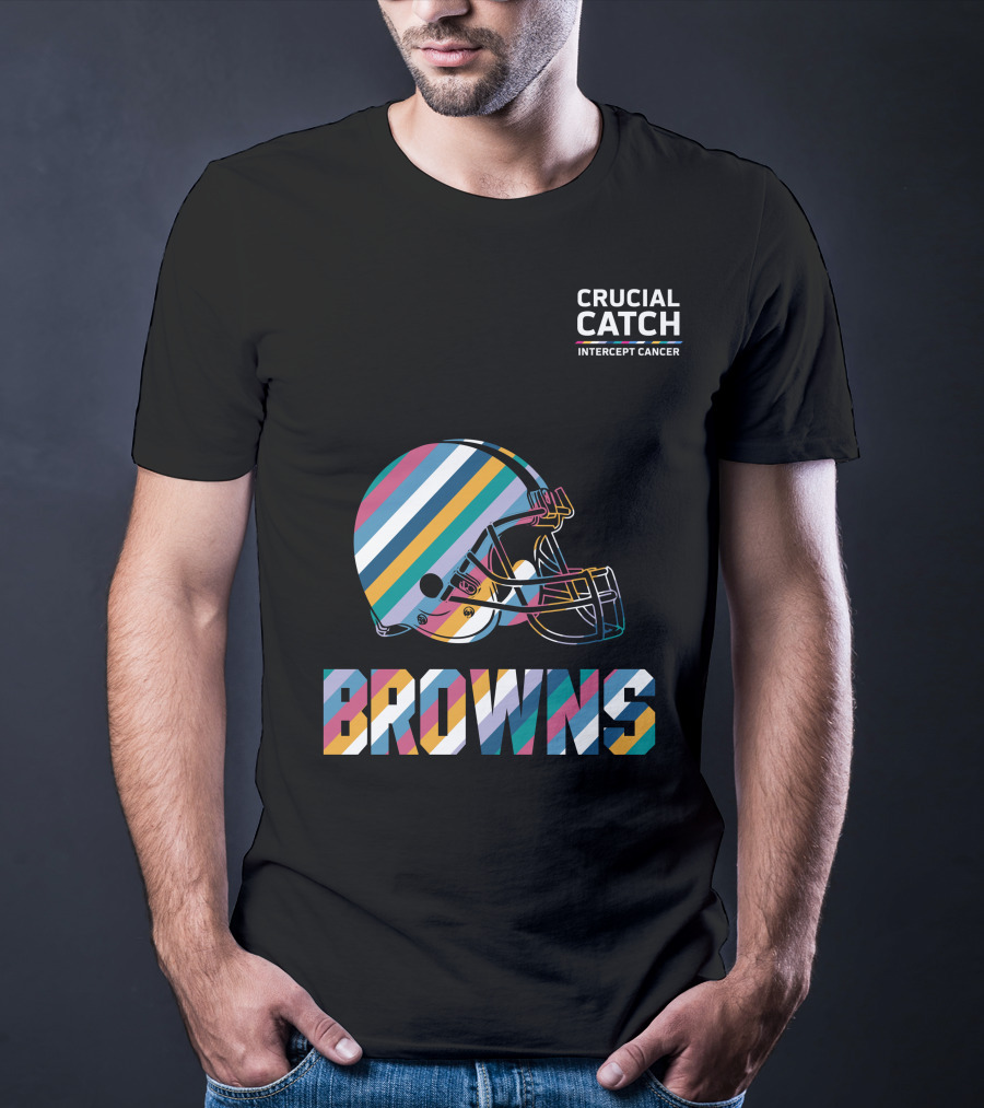 Browns Crucial Catch Intercept Cancer Helmet Stripes T-Shirt