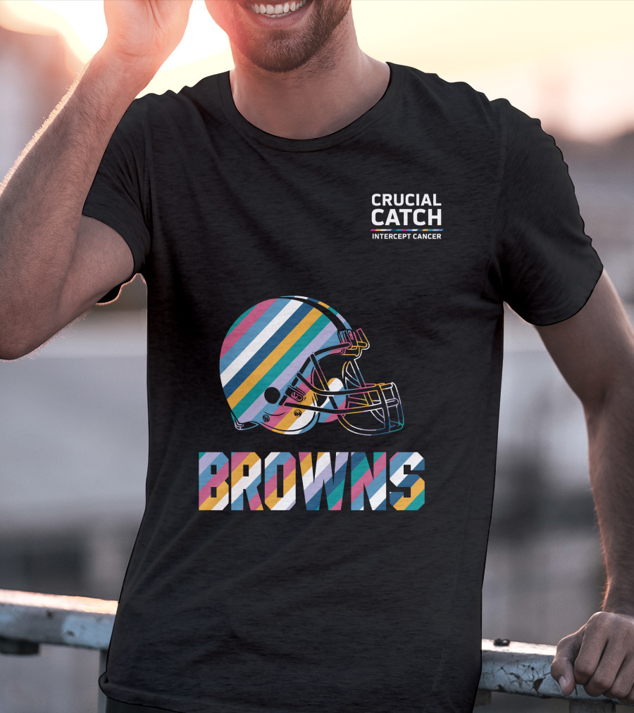 Browns Crucial Catch Intercept Cancer Helmet Stripes T-Shirt