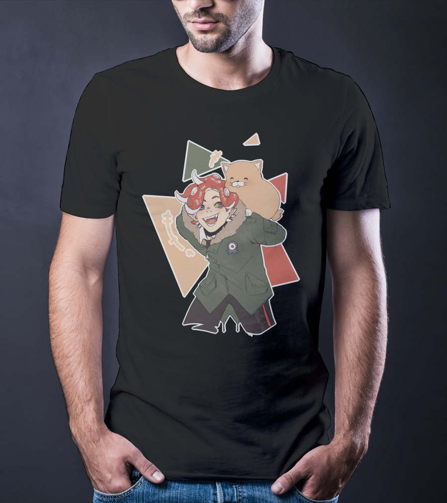 Piggyback Cute Demon With Cat Companion And Colorful Shapes T-Shirt
