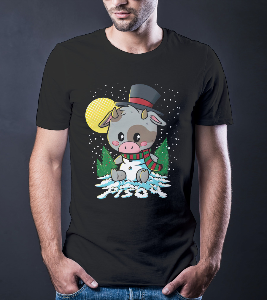 Piso4 Cute Cow In Snow With Top Hat And Scarf Winter Scene T-Shirt