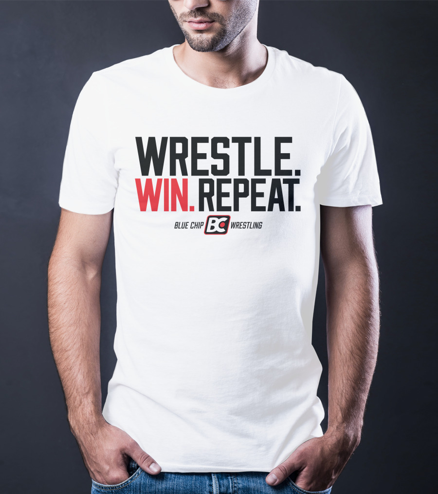 Wrestle Win Repeat Blue Chip BC Wrestling T-Shirt
