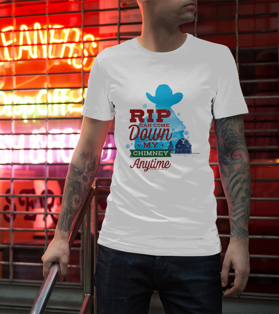 Rip Can Come Down My Chimney Anytime Blue Cowboy Silhouette Snowflakes Barn T-Shirt