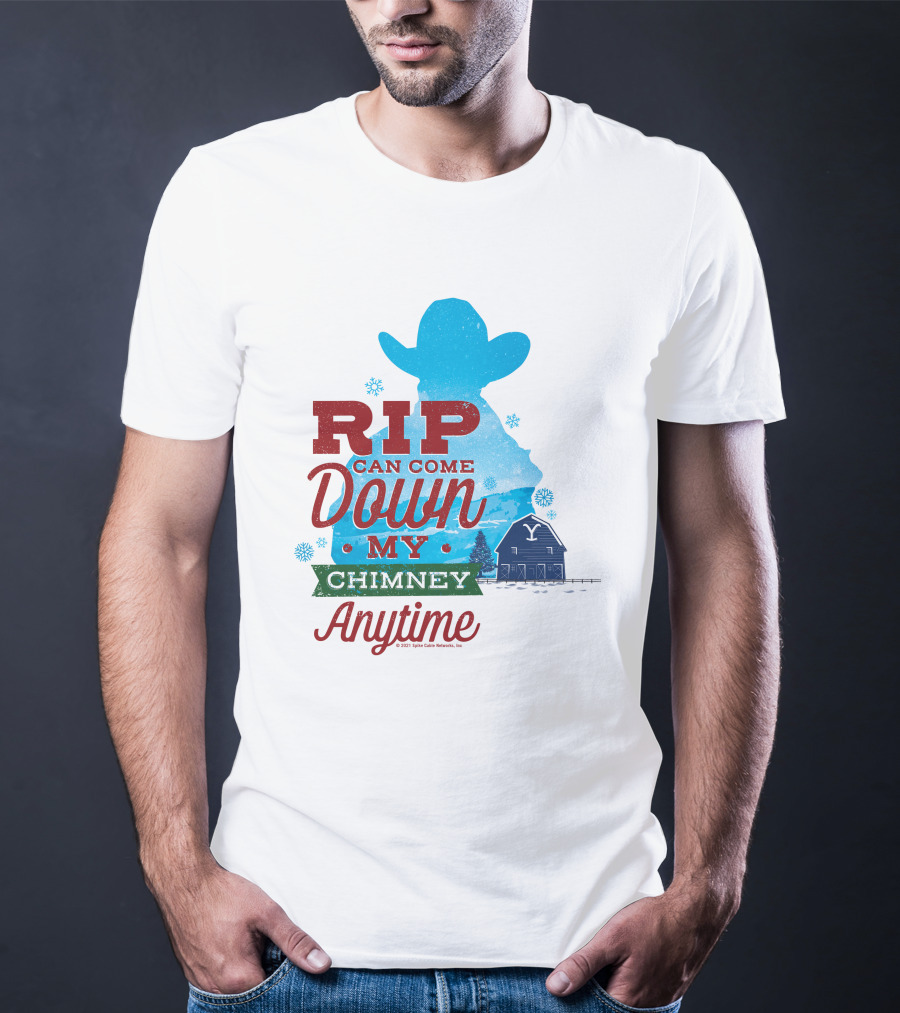 Rip Can Come Down My Chimney Anytime Blue Cowboy Silhouette Snowflakes Barn T-Shirt