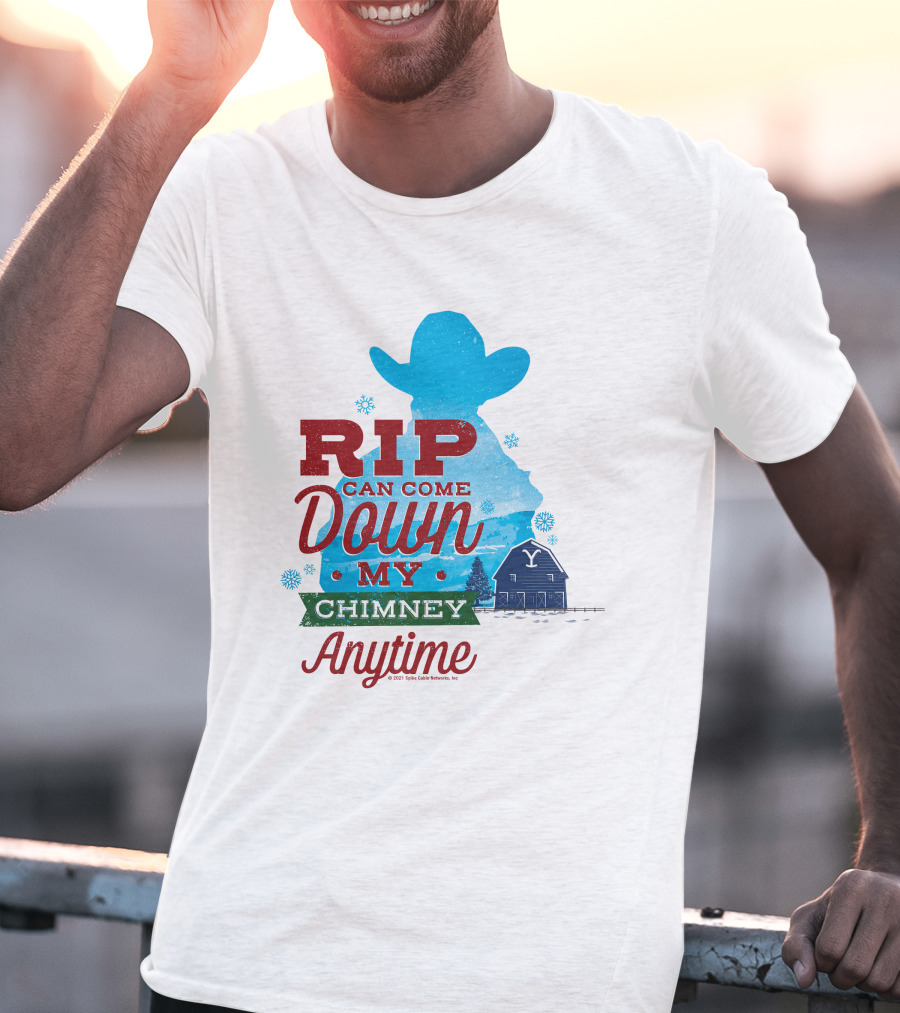 Rip Can Come Down My Chimney Anytime Blue Cowboy Silhouette Snowflakes Barn T-Shirt