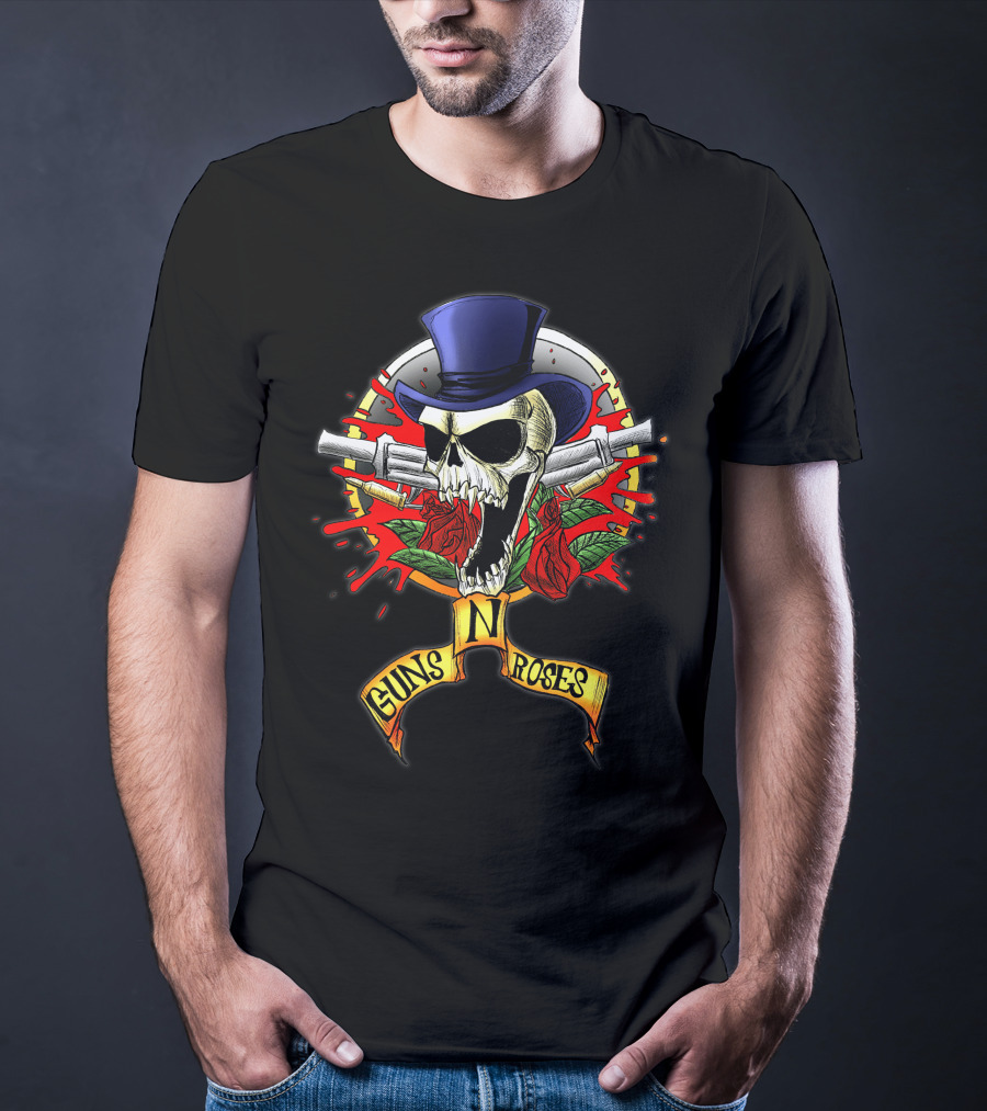 Guns N' Roses Skull With Top Hat Crossed Pistols And Red Roses T-Shirt