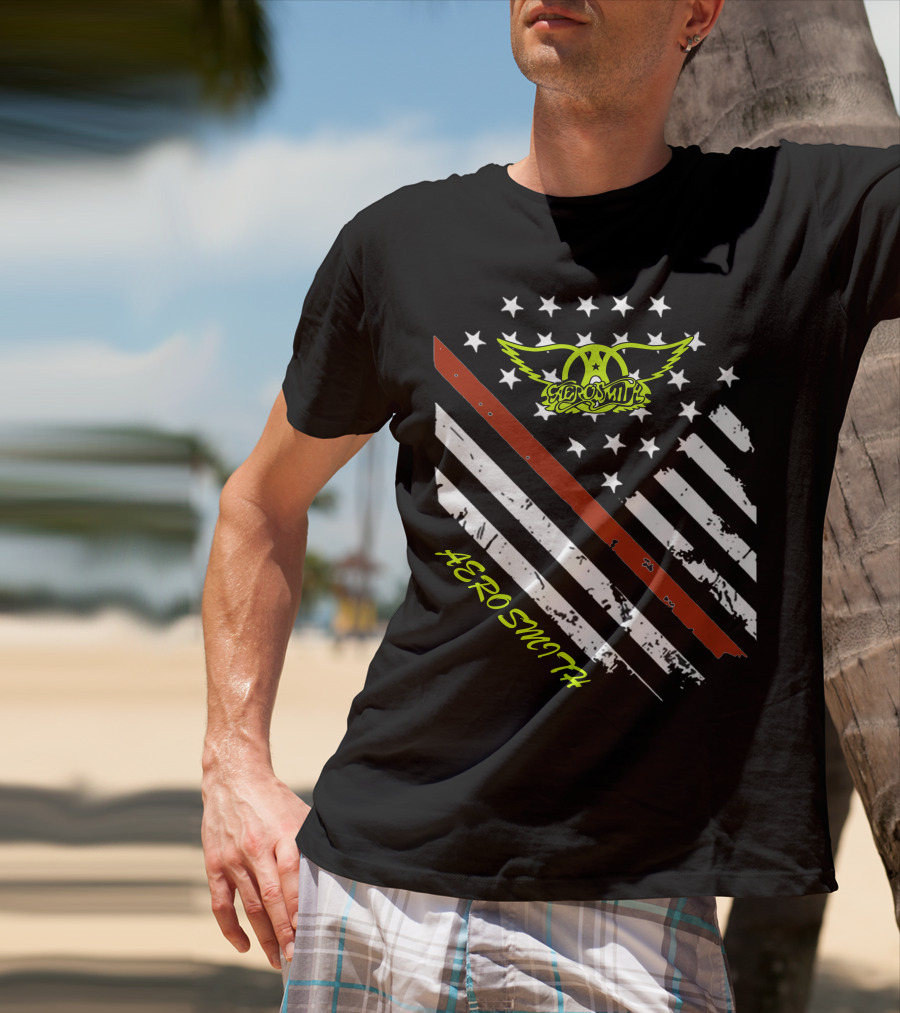 Aerosmith Logo With American Flag And Guitar Stripe T-Shirt