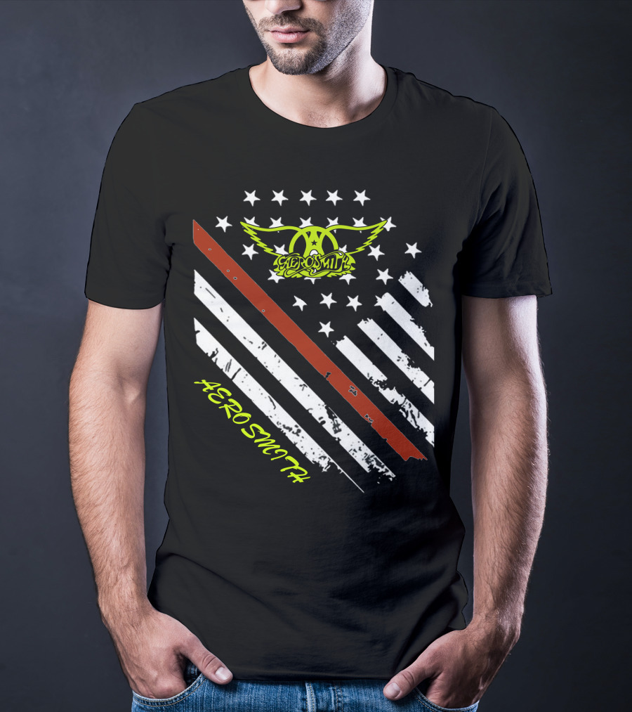 Aerosmith Logo With American Flag And Guitar Stripe T-Shirt