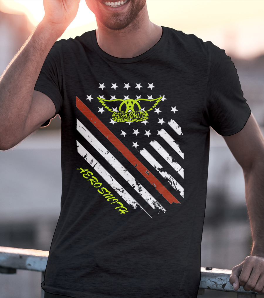Aerosmith Logo With American Flag And Guitar Stripe T-Shirt