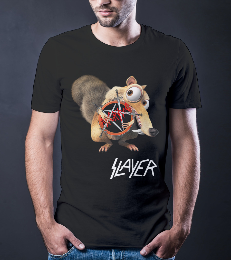 Scrat Holding Slayer Logo Pentagram Slayer T-Shirt