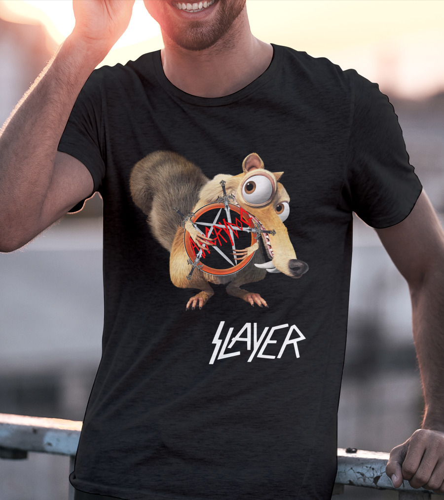 Scrat Holding Slayer Logo Pentagram Slayer T-Shirt