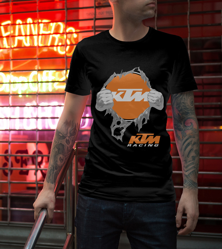 Ktm Racing Logo With Hands Ripping Through Orange T-Shirt