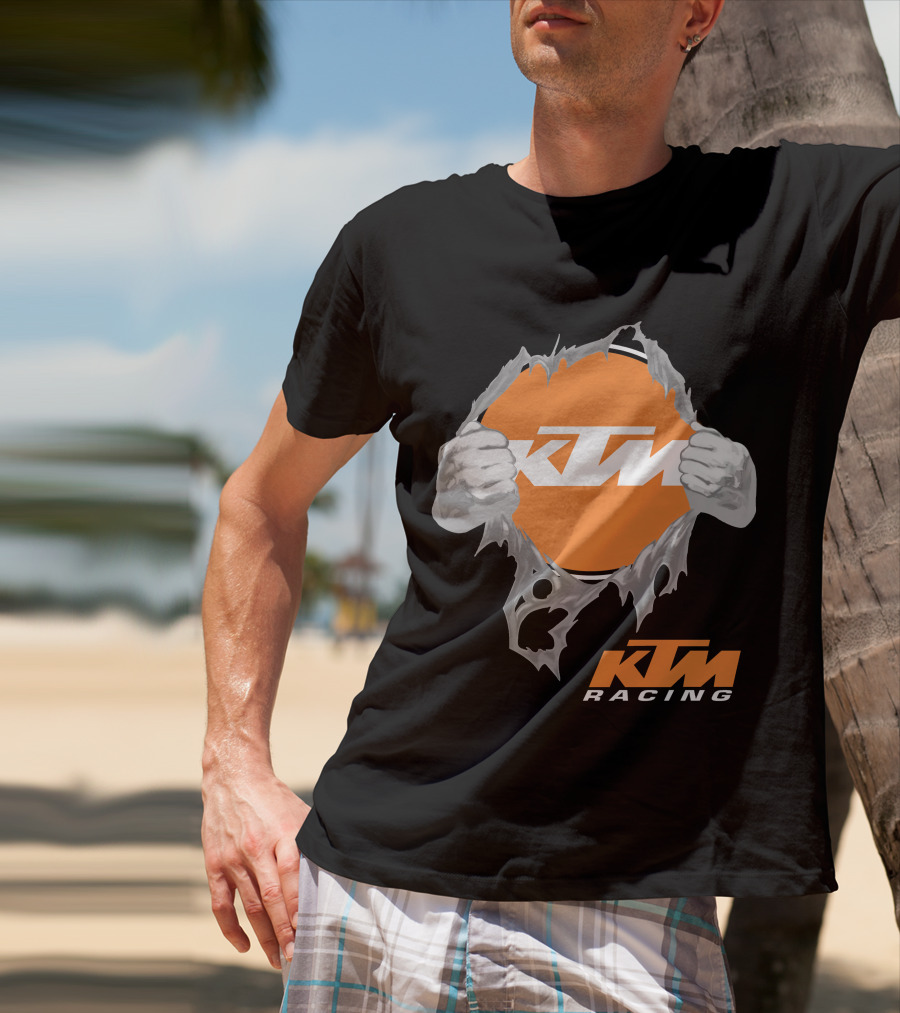 Ktm Racing Logo With Hands Ripping Through Orange T-Shirt