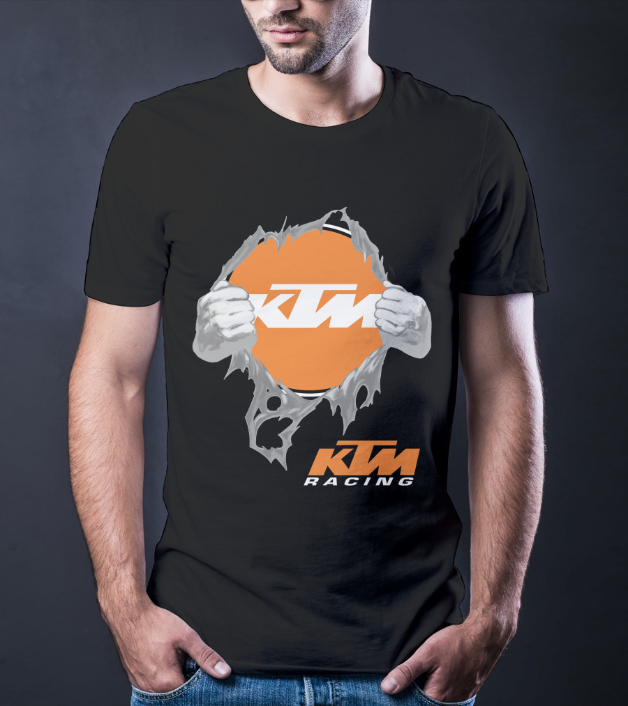 Ktm Racing Logo With Hands Ripping Through Orange T-Shirt