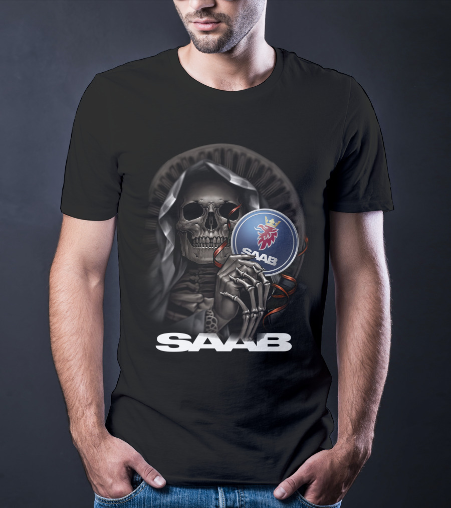 Saab Skull Holding Emblem With Hooded Figure And Crowned Griffin T-Shirt
