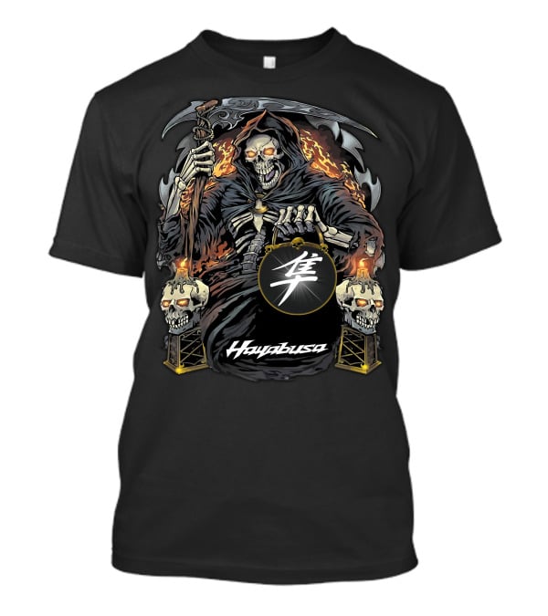 Hayabusa Grim Reaper With Fiery Skulls And Kanji Symbol T-Shirt