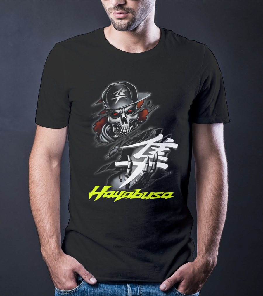 Hayabusa Skeleton In Cap With Kanji Symbol And Claws T-Shirt
