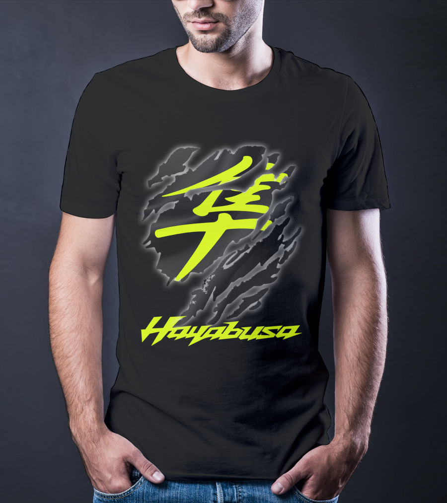 Hayabusa 07 Yellow Kanji Torn Black T-Shirt