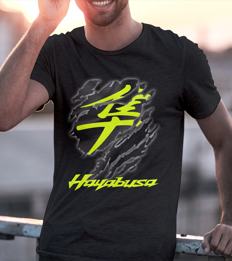 Hayabusa 07 Yellow Kanji Torn Black T-Shirt