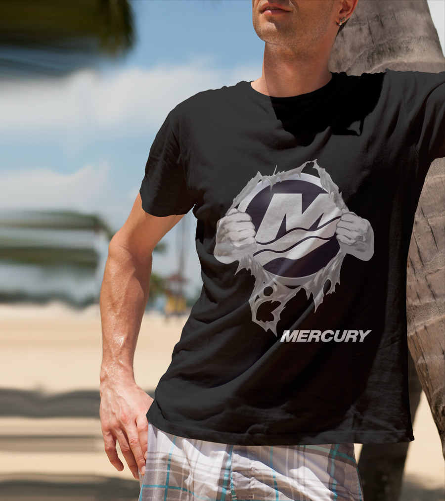 Mercury Boats Logo With Hands Ripping Through Black T-Shirt