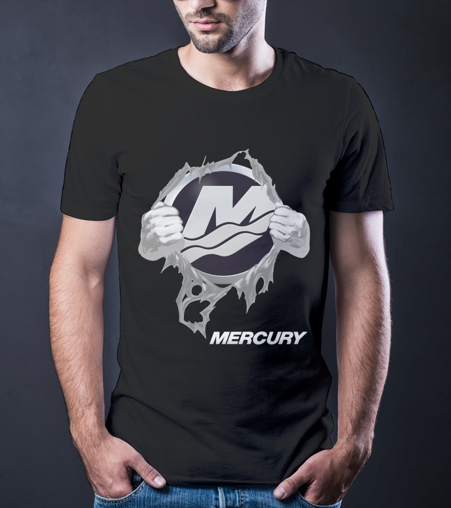 Mercury Boats Logo With Hands Ripping Through Black T-Shirt