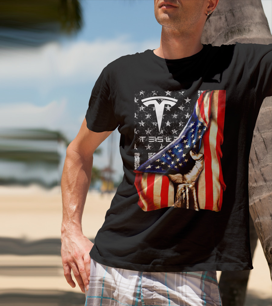 Tesla Logo American Flag Hand Folded Stars Stripes Vintage Style T-Shirt