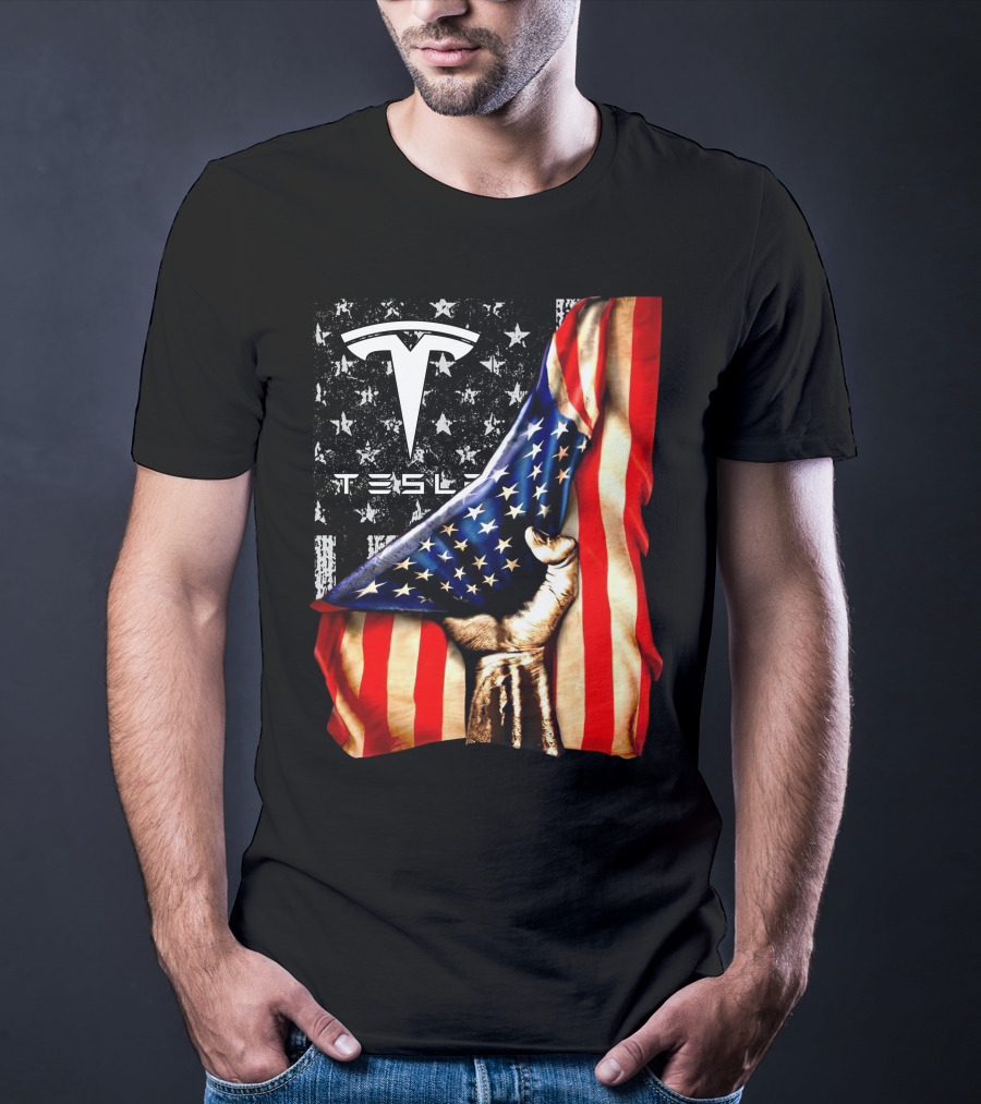 Tesla Logo American Flag Hand Folded Stars Stripes Vintage Style T-Shirt