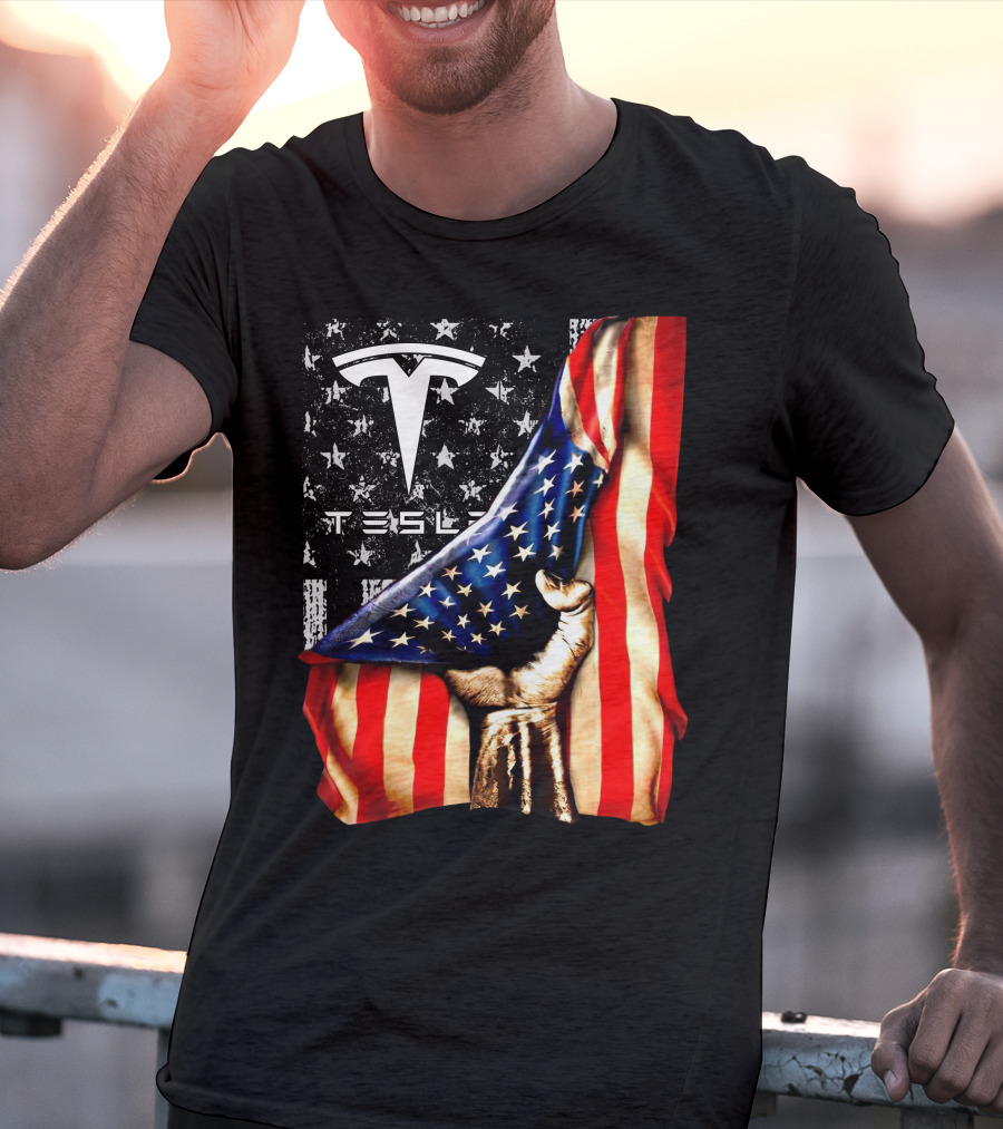 Tesla Logo American Flag Hand Folded Stars Stripes Vintage Style T-Shirt
