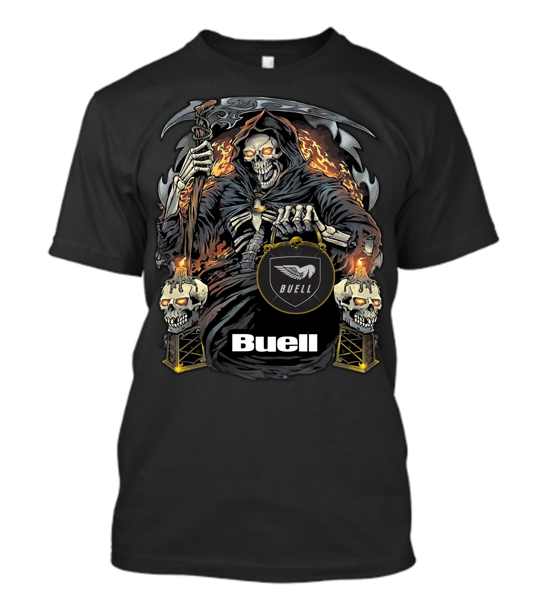 Buell Grim Reaper Motorcycle Skeleton With Scythe And Flaming Skulls T-Shirt