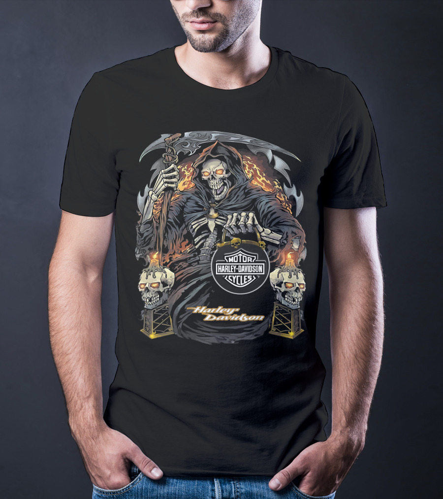 Harley Davidson Grim Reaper With Flaming Skull Torches T-Shirt