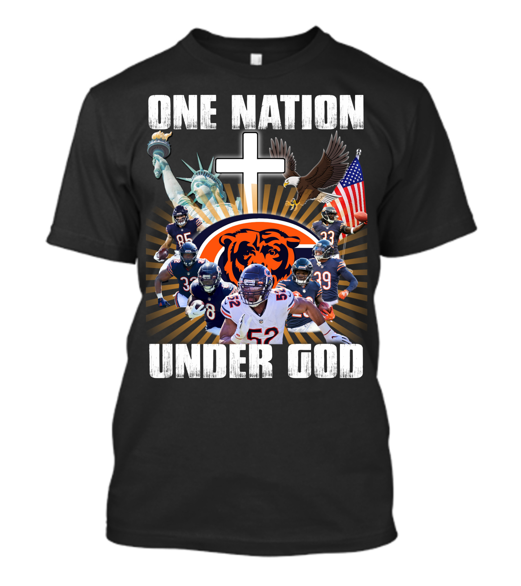 Chicago Bears One Nation Under God Statue Of Liberty American Flag Cross Football Players T-Shirt