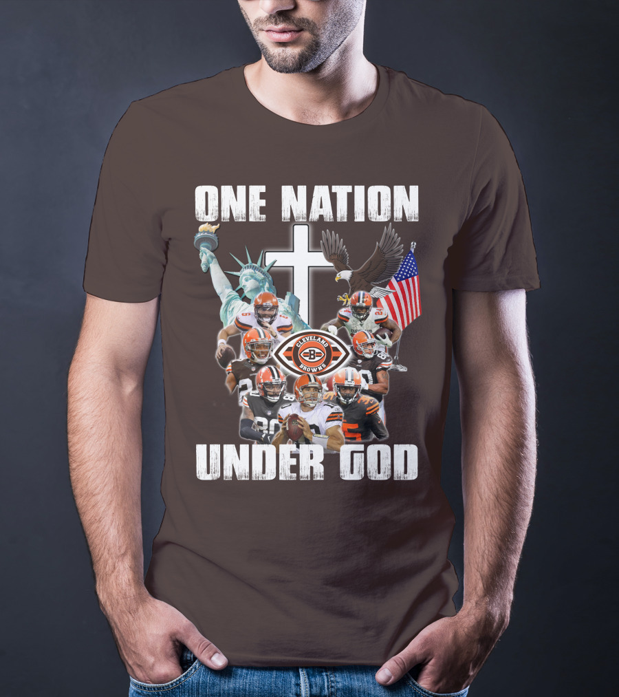 Cleveland Browns One Nation Under God Players Statue Of Liberty Eagle Flag Cross T-Shirt