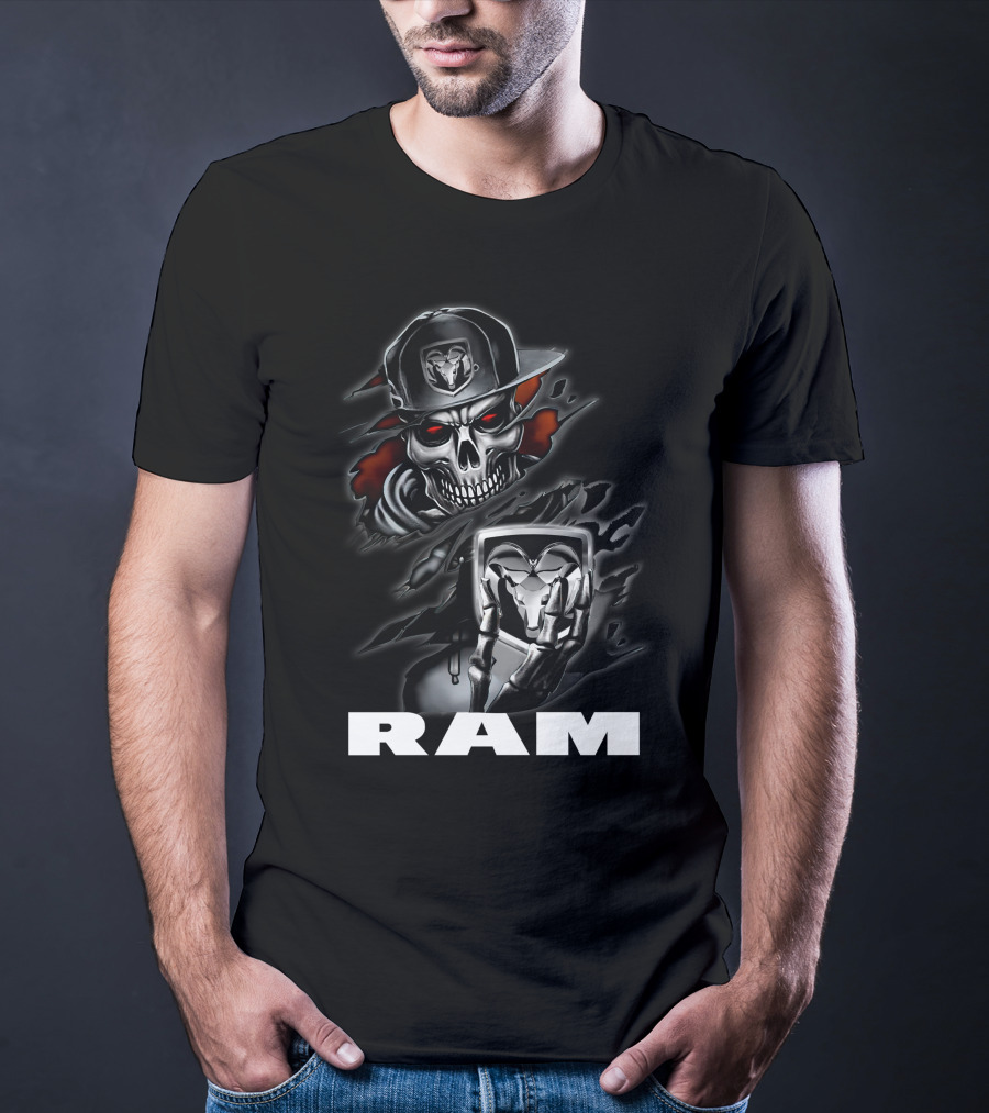 Ram Skull Skeleton With Baseball Cap And Glowing Red Eyes T-Shirt