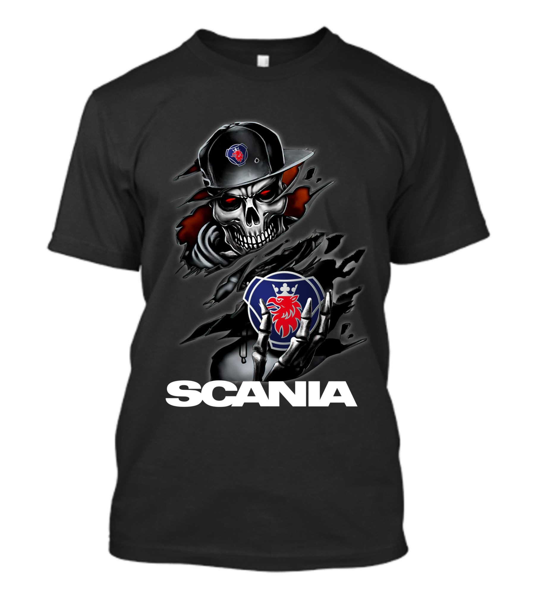 Scania Skull Emblem With Cap And Red-Eyed Skeleton T-Shirt