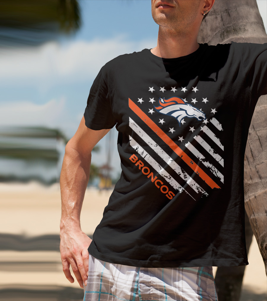 Broncos Logo With Stars And Stripes In Orange And White T-Shirt