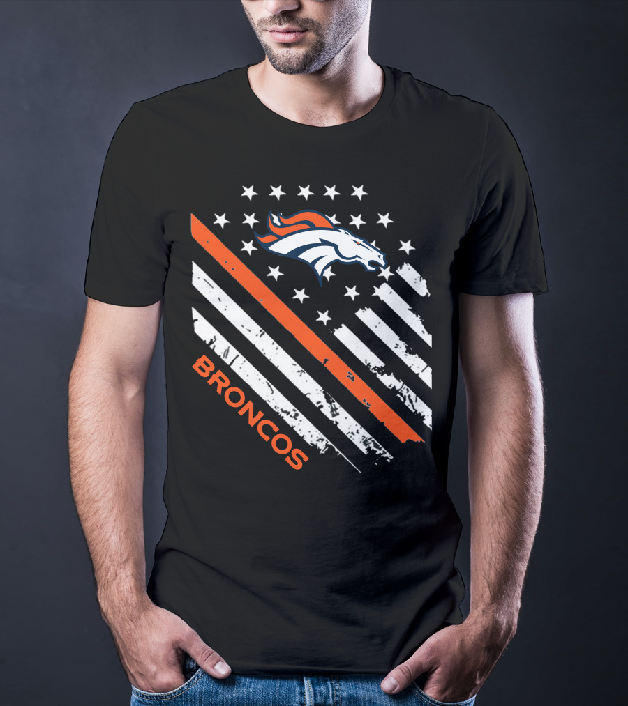 Broncos Logo With Stars And Stripes In Orange And White T-Shirt